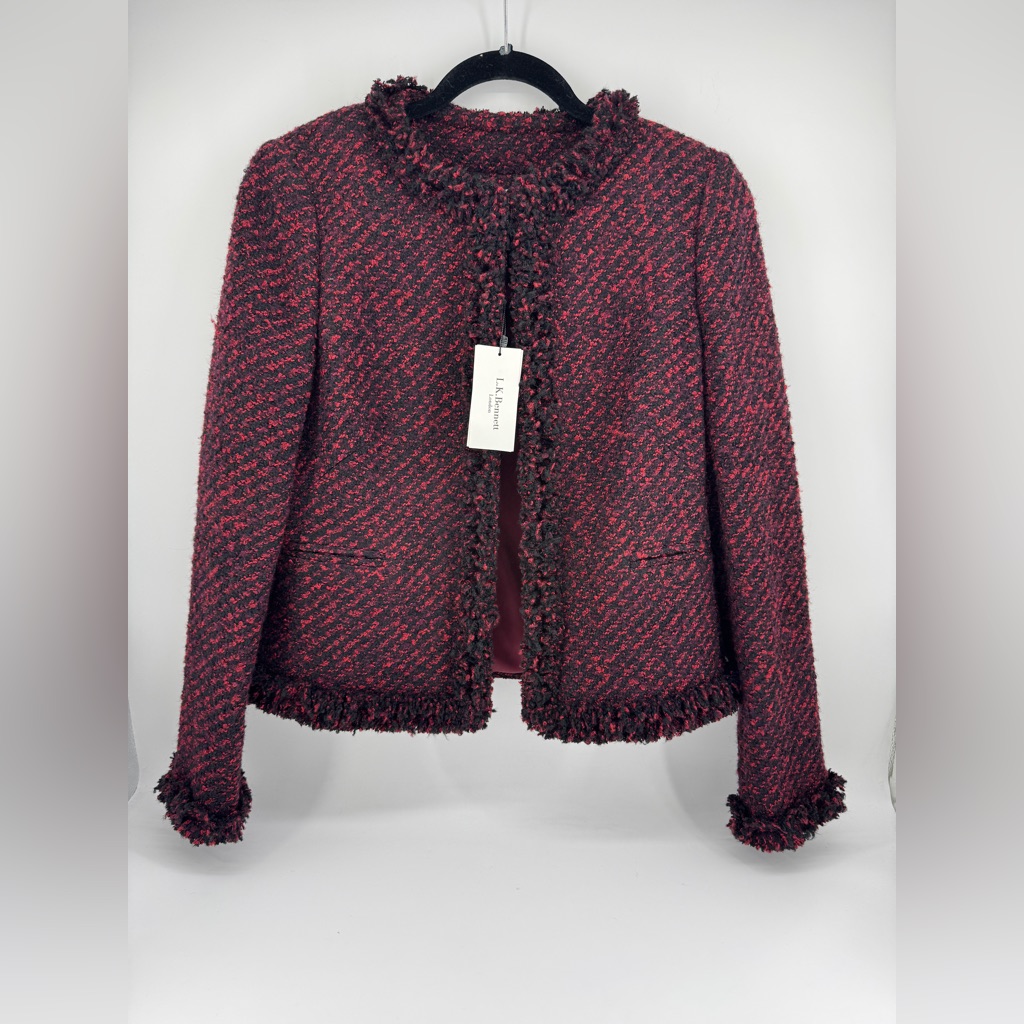 Lk Bennet Red And Black Boucle Tweed Jacket With Fringe Trim Size 8